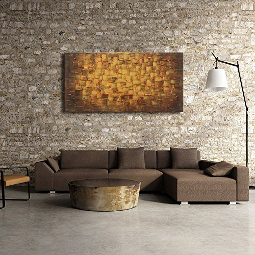 MyArton Large Abstract Golden Yellow Square Wall Art Hand Painted Textured Oil Painting on Canvas Ready to Hang 60x30inch - color: Golden, size: 60"L x 30"W