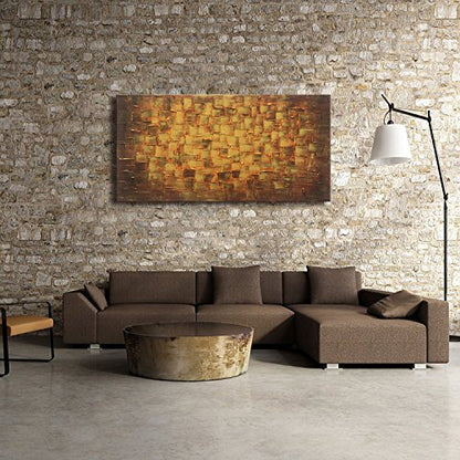 MyArton Large Abstract Golden Yellow Square Wall Art Hand Painted Textured Oil Painting on Canvas Ready to Hang 60x30inch - color: Golden, size: 60"L x 30"W