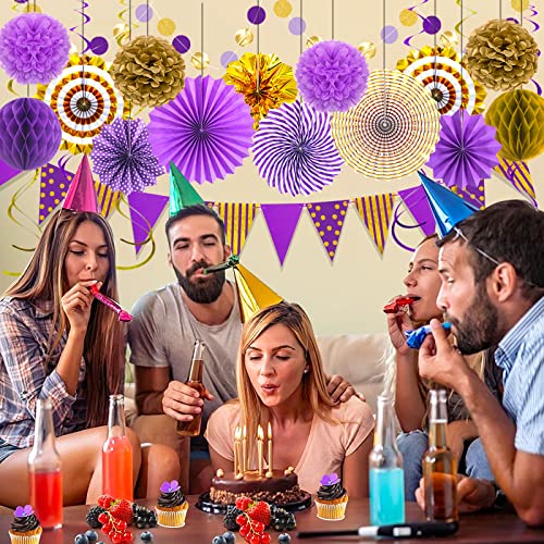 24 Pcs Purple Gold Party Decorations, Paper Fans Pom Poms Banner - color: Purple Gold