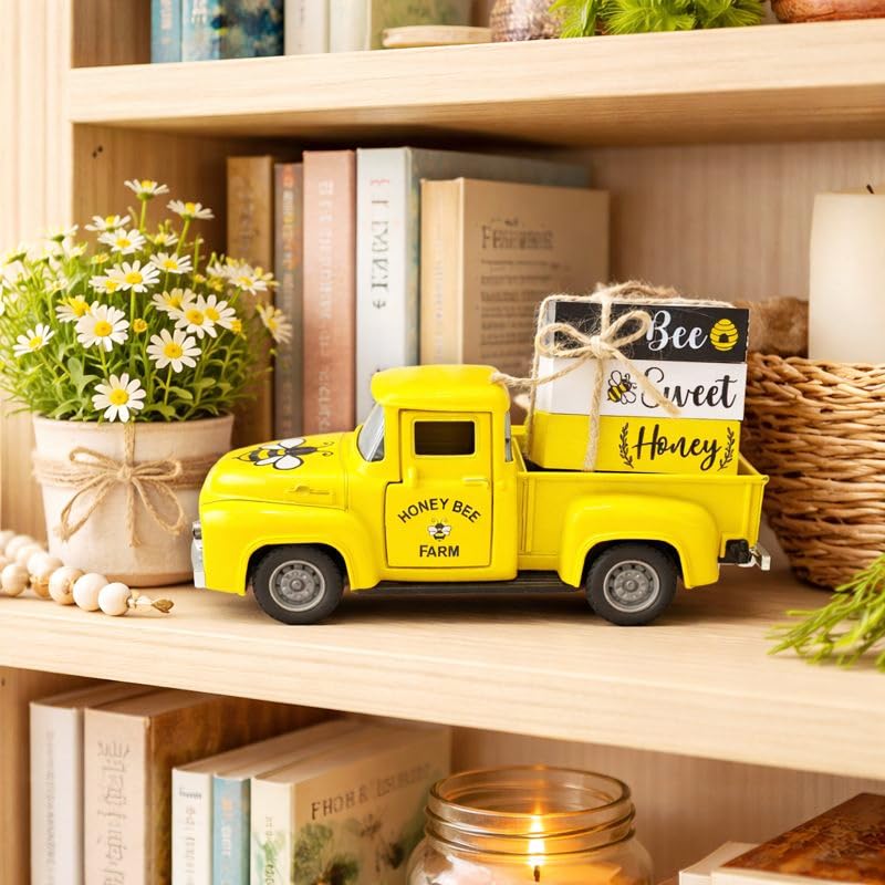 5.7in Bee Truck Decor with Sweet Honey Blocks, Yellow Metal Pickup - color: Yellow
