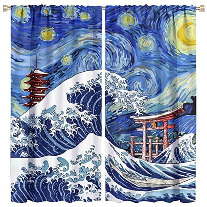 Japanese Asian Art Blackout Curtains - Blue Anime Ocean The Great Waves Fantasy Starry Sky Torii Rod Pocket Window Curtain Set Energy Saving Thermal Insulated Drapes,2 Panels 45L x 21W - color: Japanese Asian Art, size: 21"W x 45"L (Pack of 2)