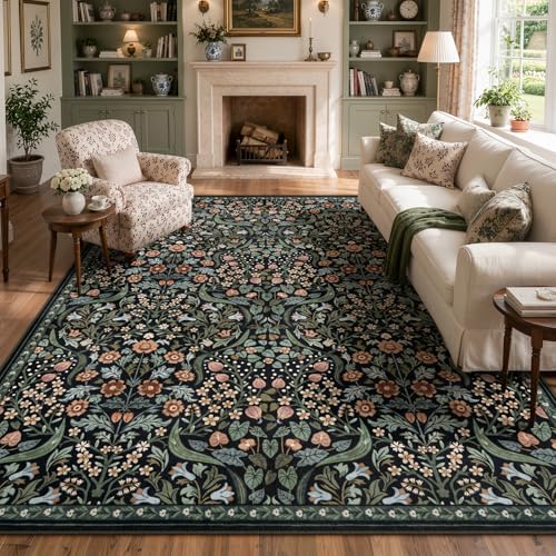 Lahome Dark Botanical 8x10 Rug, Washable Floral Area Rug for Living Room - color: Black, size: 8' x 10'