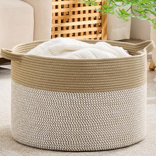KAKAMAY Large Blanket Basket with Handles, Storage Basket for Living Room - color: Brown Mix