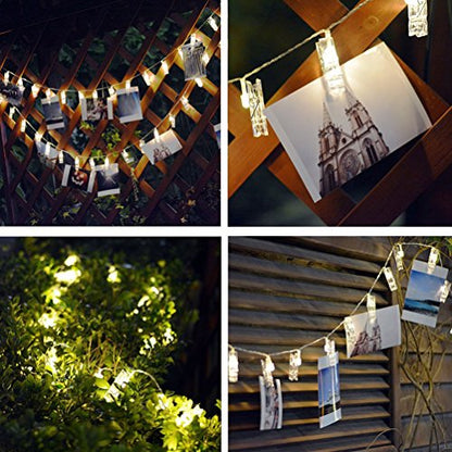 Decute 50LED Photo Clips String Lights Holder Timer Function 8 Modes Dimmable with Remote, 17FT Fairy Starry Lights for Christmas Card Bedroom Wedding Party Hanging Photos Pictures Memos, Warm White - color: Warm White 02
