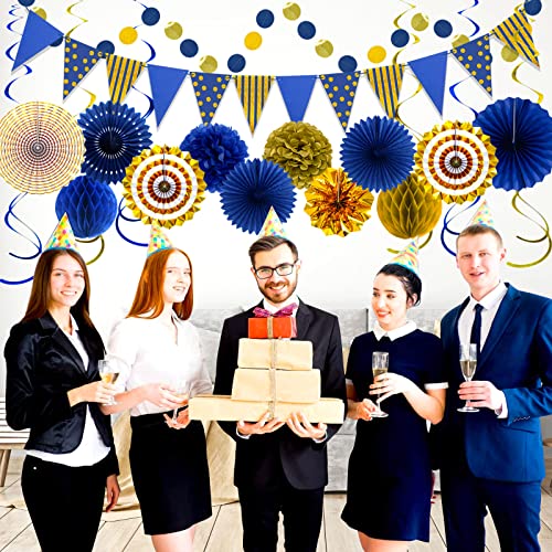 24 Pcs Blue Gold Party Decorations, Paper Fans Pom Poms Banner - color: Blue