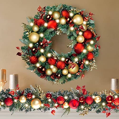 WANNA-CUL Pre-Lit 9ft Christmas Garland with Lights 50 LED Red Gold Baubles - color: 02-red Gold