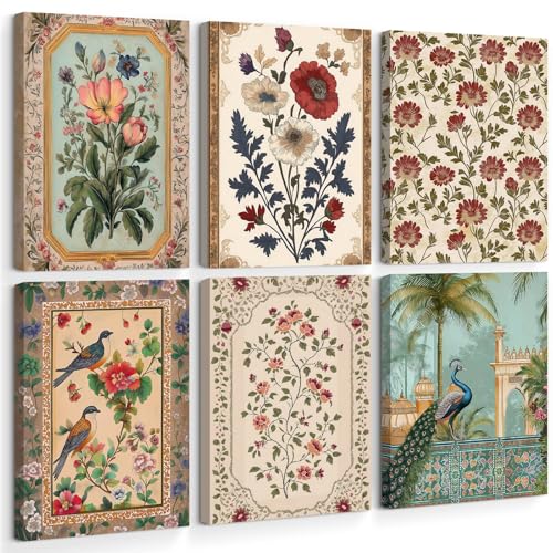 Indian Wall Art Vintage Floral Canvas Poster India Wall Decor Folk Flower Prints Scandinavian Pictures Antique Botanical Painting Gallery Artwork for Bedroom Living Room 8x10x6 Inch Ready to Hang - color: Indian Floral Prints, size: 8"x10" Wrapped Canvas