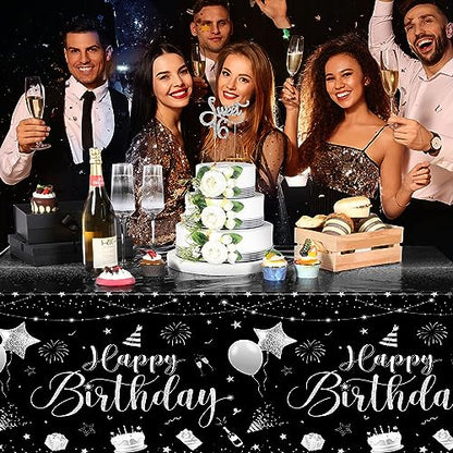 Tudomro 3 Pcs Plastic Happy Birthday Party Tablecloths,Black Silver - color: Black Silver