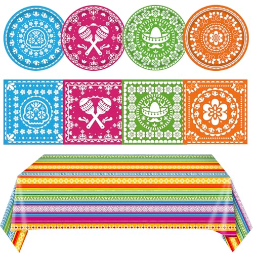 81PCS Mexican Fiesta Party Decorations Mexican Cinco De Mayo Party Decorations Supplies Mexican Disposable Paper Plates Napkins Mexico Plastic Tablecloth Fiesta Ware Dinnerware for Taco Party Decor - color: Mexico Party