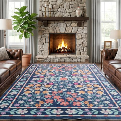 ThreadGlobe Patterned Washable 8x10 Area Rugs Modern for Living Room, Blue - color: Blue Flower, size: 8' x 10'
