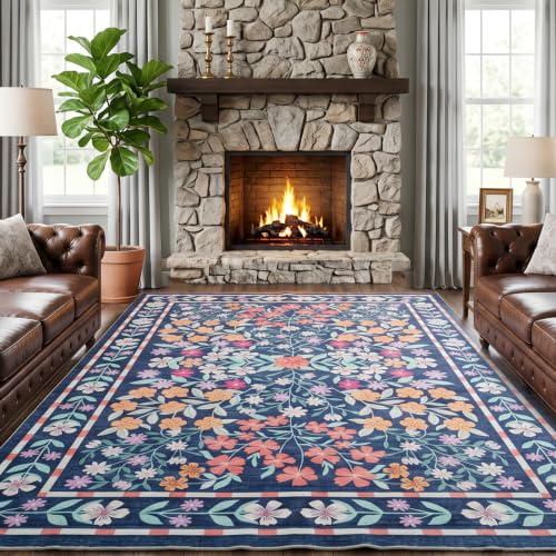 ThreadGlobe Patterned Washable 8x10 Area Rugs Modern for Living Room, Blue - color: Blue Flower, size: 8' x 10'