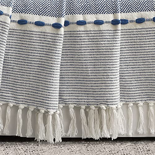 Lush Decor Herringbone Stripe Woven Tassel Yarn Dyed Cotton Tassel Throw Blanket 50" W x 60" L Navy & White - Striped Throw Blankets - Blue Couch Blanket - color: Herringbone Stripe Navy
