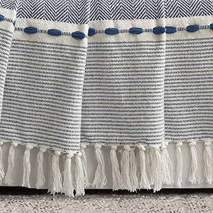 Lush Decor Herringbone Stripe Woven Tassel Yarn Dyed Cotton Tassel Throw Blanket 50" W x 60" L Navy & White - Striped Throw Blankets - Blue Couch Blanket - color: Herringbone Stripe Navy