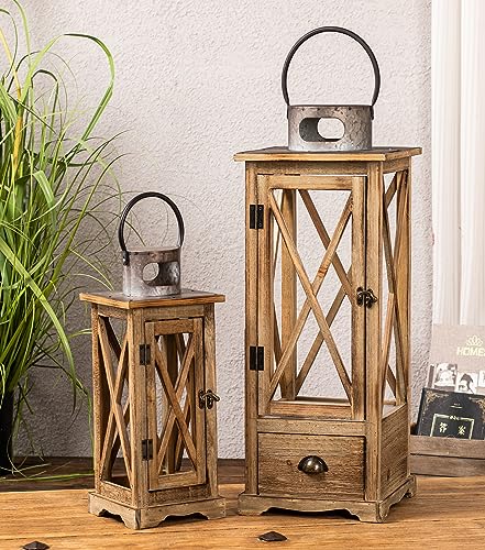 TIMRIS Large Farmhouse Wooden Candle Lantern Set of 2, Rustic Floor Candle Lanterns with Drawer, Vintage Hurricane Lantern Holder for Indoor Outdoor Decor (No Glass) - color: Brown With Drawer