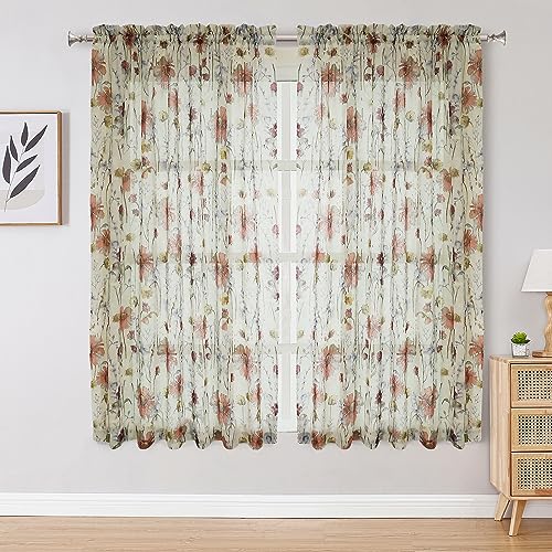 OWENIE Crushed Sheer Curtains 63 Inches Length 2 Panels Set, Sheer Floral Curtians with Printed Design, Printing Drapes on Sheers for Living Room, Rod Pocket Light Filtering Window Sheers 42" W x 63"L - size: 42"W x 63"L (Pack of 2)