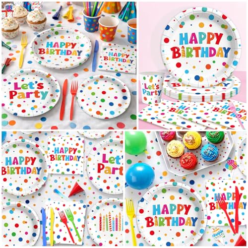 195 Pcs Birthday Party Supplies (Serves 24), Happy Birthday Party Dots Design Decorations Include Banner Hanging Plates Napkins Cups Forks Knifes Tablecloth Topper Balloons for Decorations