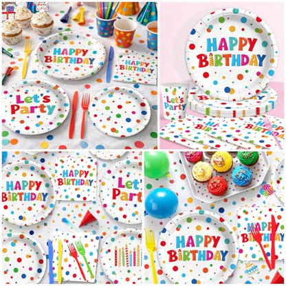 195 Pcs Birthday Party Supplies (Serves 24), Happy Birthday Party Dots Design Decorations Include Banner Hanging Plates Napkins Cups Forks Knifes Tablecloth Topper Balloons for Decorations