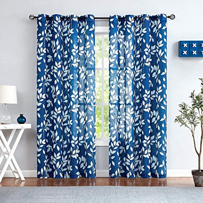 White Blue Leaf Semi Sheer Curtains 52x72" Living Room Window Panels 2pcs - color: Navy, size: 52"W x 72"L (Pack of 2)