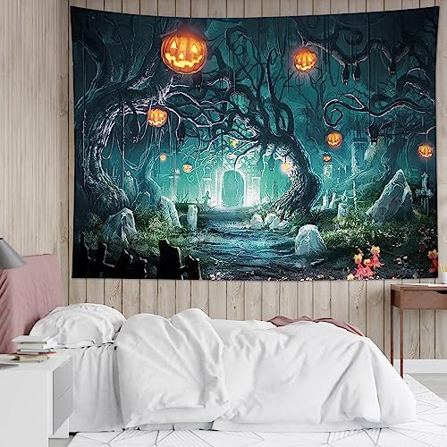 HVEST Halloween Tapestry Pumpkin and Black Bat in Scary Graveyard Forest Wall Art for Bedroom, Horror Halloween Night Tapestry Wall Hanging for Living Room Dorm Holiday Wall Decor, 59W x 51L inches - color: Black Green, size: 51"L x 59"W