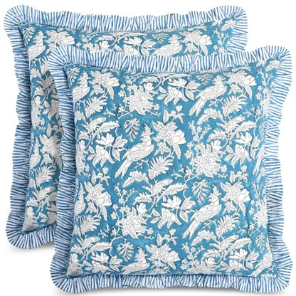 CPC Blue Sapphire Block Print Ruffle Pillow Cover 18x18 Inch, Pack of 2 - color: Blue Sapphire, size: 18" x 18" (Pack of 2)