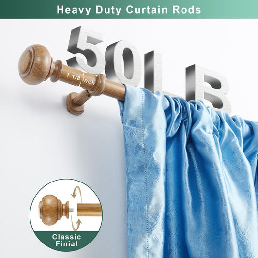 Wood Curtain Rods for Window 72-144 Inch(6-12ft), Heavy Duty Curtain Rod, 1 1/8" Diameter Boho Drapery Rods with Imitation Wood Grain Finials and Adjustable Brackets - color: Brown Wood Grain, size: 72-144"