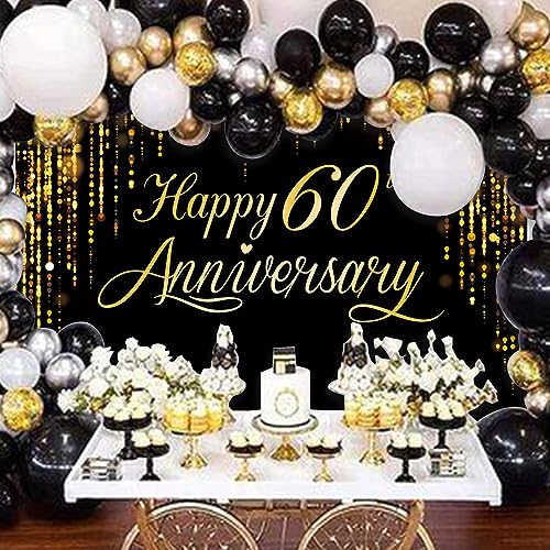 Happy 60th Annverisary Background Decorations Black Gold Backdrop Banner, Large Black Gold Photography Background Suitable for Wedding Anniversary Party Birthday Party Decoration 84 * 60'' - color: 60th Anniversary Theme