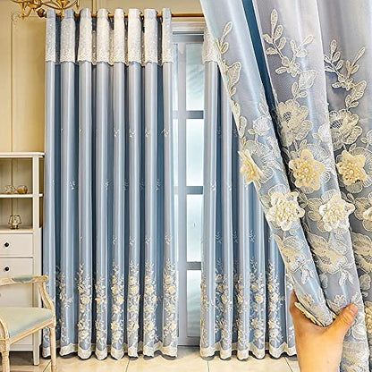 Amidoudou 1 Pair European 3D Flower Luxury Embroidered Curtains Double Layer Curtains with Valance for Living Room Bedroom (Blue,52x96 Inch) - color: Blue, size: 52"W x 96"L (Pack of 2)