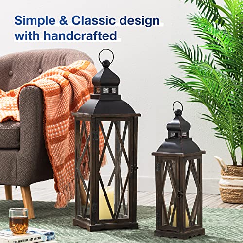 Glitzhome Farmhouse Lanterns Decorative Indoor, 2 Pack Wood/Metal Decorative Candle Lanterns, Vintage Lantern Decor Large Floor Lanterns for Home Decor, Brown (No Glass) - color: Diamond Black