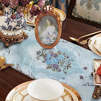 Elegant Table Runner 60" Thick Chenille Delicate Gorgeous Flower Pattern - color: Blue, size: 13x60"
