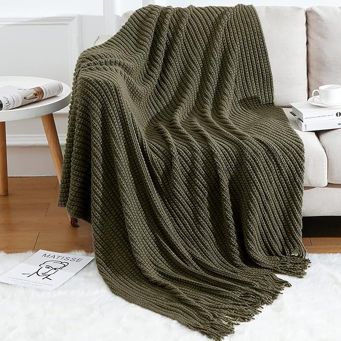 Blagic Knit Throw Blanket for Couch and Bed with Tassels,Dark Green,60"x80" - color: B-dark Green, size: 60 × 80 in