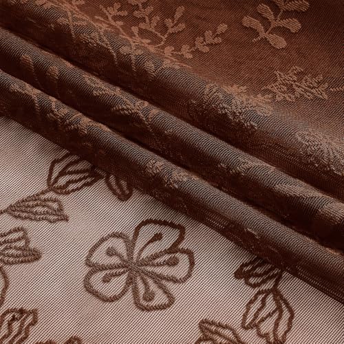 Kotile Brown Sheer Curtains 63 Inch Length, Floral Lace Window Panels - color: Brown, size: 52"W x 63"L (Pack of 2)