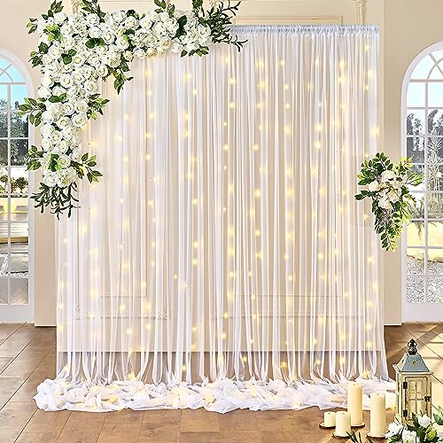 10FT x 7FT White Sheer Curtains with Lights String Tulle Curtain for Living Room Bedroom Parites Wedding Birthday Decorations 2 Panels 60" Wｘ84 L - color: White, size: 60"W x 84"L (Pack of 2)
