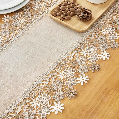 Natural Beige Floral Lace Table Runner Dresser Scarf (16” x90”) - size: 16” x90”