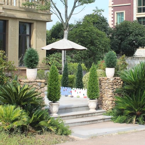 Two 4ft Artificial Topiary Tree Fake Bushes Potted Plants UV Resistant Faux Cedar Trees Artificial Outdoor Shrubs for Front Porch Garden