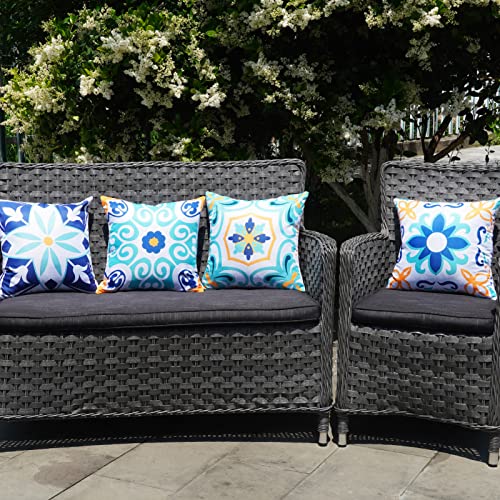 ONWAY Outdoor Boho Pillow Covers Waterproof 16x16 Set of 4 Floral Farmhouse Decorative Outdoor Throw Pillows for Bench Couch Patio Furniture Decorations - color: Blueyellow, size: 16" x 16" (Pack of 4)