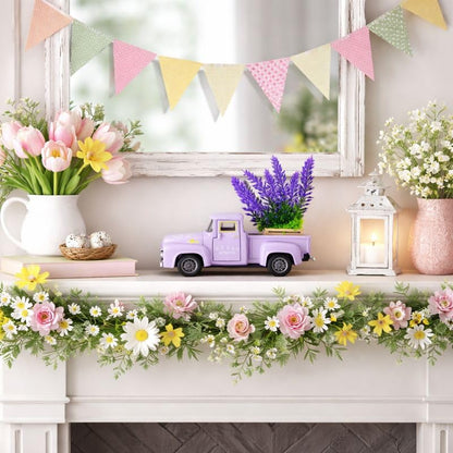 Purple Spring Truck Decor with Lavender Flowers, 5.7 Inch Metal Farm Pickup - color: Purple