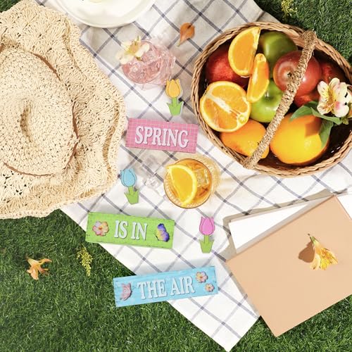 6 Pcs Spring Table Decorations Tulip Flower Wooden Block Signs Tabletop Centerpieces Farmhouse Distressed Easter Decor for Home Kitchen Shelf Tiered Tray Decor