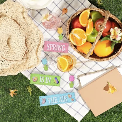 6 Pcs Spring Table Decorations Tulip Flower Wooden Block Signs Tabletop Centerpieces Farmhouse Distressed Easter Decor for Home Kitchen Shelf Tiered Tray Decor