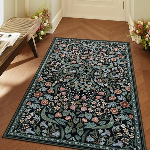 Lahome Dark Floral Rug, 3x5 Soft Moody Botanical Entryway Rug - color: Black, size: 3' x 5'