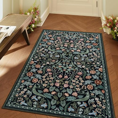 Lahome Dark Floral Rug, 3x5 Soft Moody Botanical Entryway Rug - color: Black, size: 3' x 5'