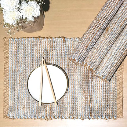 Chardin Home Natural Jute Placemats, Sky Blue-White, Set of 4, 13x19 in - color: Natural Jute-sky Blue-white, size: 13x19 Inch.