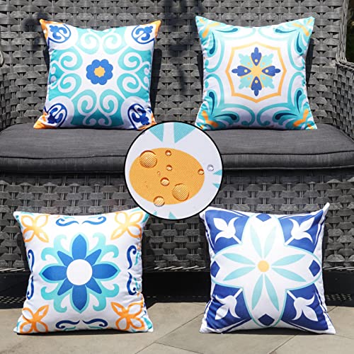 ONWAY Outdoor Boho Pillow Covers Waterproof 16x16 Set of 4 Floral Farmhouse Decorative Outdoor Throw Pillows for Bench Couch Patio Furniture Decorations - color: Blueyellow, size: 16" x 16" (Pack of 4)
