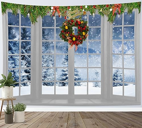 HVEST Christmas Tapestry Wall Hanging Winter Snow Forest outside White Window Tapestry for Bedroom, Nature Landscape Christmas Wall Art for Living Room Dorm Home Decor Backdrop, 40L X 60W inches - color: White, size: 40"L x 60"W
