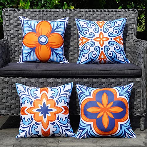 ONWAY Outdoor Pillow Covers Waterproof Set of 4 Floral Boho Decorative Throw Cushion Cover Farmhouse Pillows for Bench, Couch, Sunbrella and Patio Furniture (BlueOrange, 18x18 Inch) - color: Blueorange, size: 18" x 18" (Pack of 4)