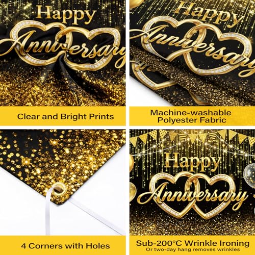 Happy Anniversary Black Gold Backdrop - Elegant Black and Gold Balloons Photography Background Poster for Wedding Anniversary Party Decorations Cake Table Banner 71x43 Inch