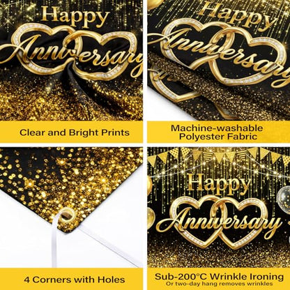 Happy Anniversary Black Gold Backdrop - Elegant Black and Gold Balloons Photography Background Poster for Wedding Anniversary Party Decorations Cake Table Banner 71x43 Inch