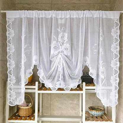 2 Panels Floral Embroidery Tie Up Sheer Lace Curtain Valance - color: White, size: 70"W x 39"L (Pack of 2)