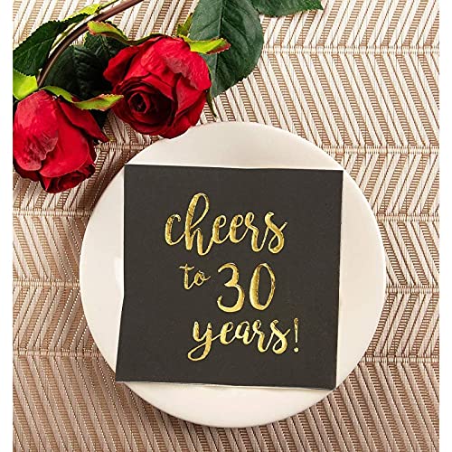 BLUE PANDA 30th Birthday Napkins - 5 x 5 in, 3-Ply, 50 Count, Black & Gold - Cheers to 30 Years Foil Print Napkins - 30th Anniversary Decorations - 30 Balloons - size: 50 Pack