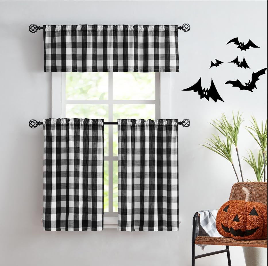 White Black Check Kitchen Curtains 27x36 Buffalo Plaid Tiers Bathroom 15" - color: Black and White, size: 24"W x 36"L (Pack of 2)