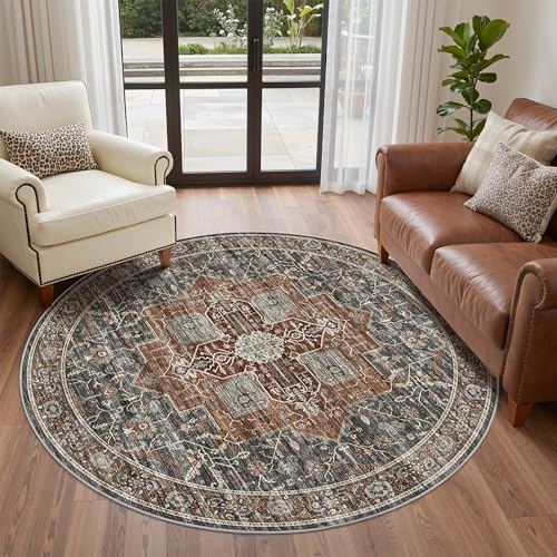 Roxstand 5ft Round Washable Area Rug, Non Slip Rug, Grey/Brown/Tan - color: Grey/Brown/Tan, size: 5' (Round)